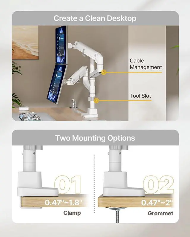 Alt view image 6 of 7 - Dual Monitor Arm for up to 57" and 59.4 lbs Ultrawide Screen, Aluminum Heavy-Duty Gas Spring Vertical Stackable Curved Screen Adjustable Monitor Stand, 75/100mm Vesa Mount, Black White