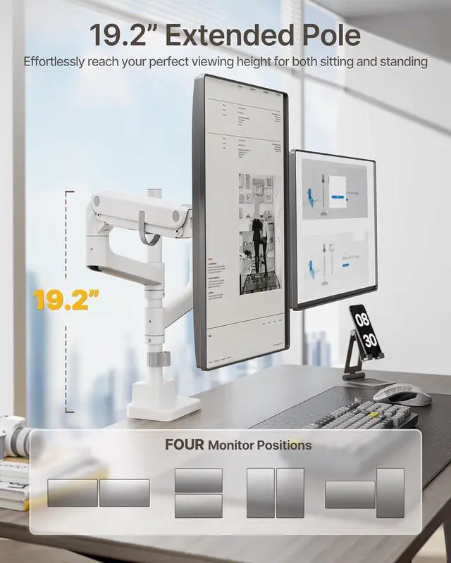 Alt view image 3 of 7 - Dual Monitor Arm for up to 57" and 59.4 lbs Ultrawide Screen, Aluminum Heavy-Duty Gas Spring Vertical Stackable Curved Screen Adjustable Monitor Stand, 75/100mm Vesa Mount, Black White
