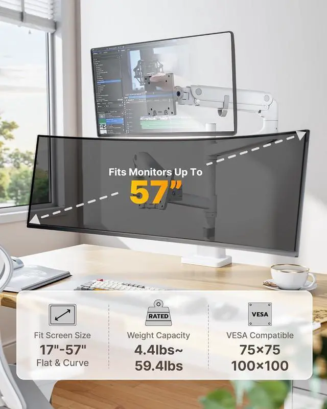 Alt view image 2 of 7 - Dual Monitor Arm for up to 57" and 59.4 lbs Ultrawide Screen, Aluminum Heavy-Duty Gas Spring Vertical Stackable Curved Screen Adjustable Monitor Stand, 75/100mm Vesa Mount, Black White