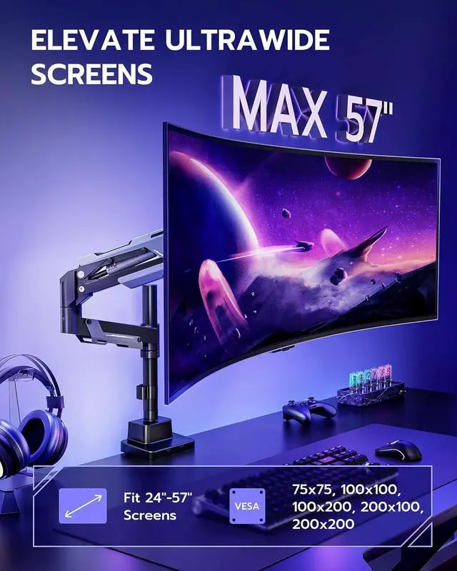 Alt view image 3 of 7 - Single Monitor Mount, Ultrawide Monitor Arm for 24 to 57 Inch Heavy Duty Curved Screen, Adjustable Gas Spring Monitors Arm Stand up to 66LBS with 75/100/200 Vesa Mount, Black