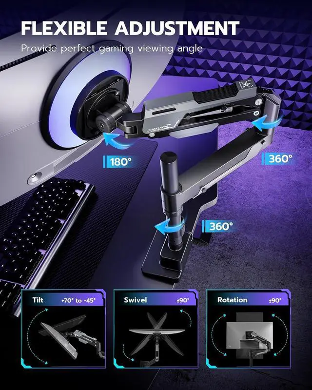 Alt view image 5 of 7 - Single Monitor Mount, Ultrawide Monitor Arm for 24 to 57 Inch Heavy Duty Curved Screen, Adjustable Gas Spring Monitors Arm Stand up to 66LBS with 75/100/200 Vesa Mount, Black