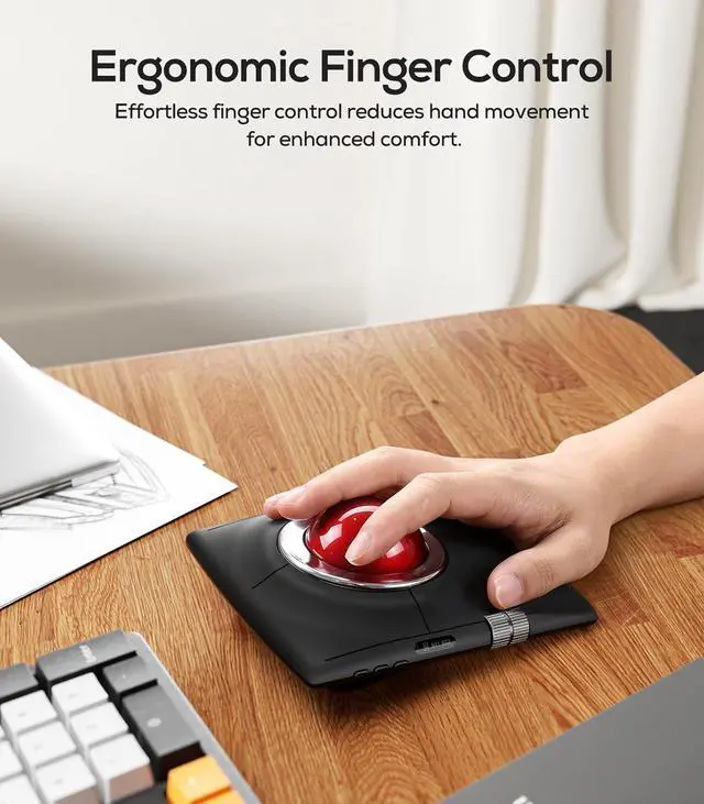 Alt view image 3 of 7 - Wireless Trackball Mouse, Ergonomic 55mm Trackball, Adjustable DPI for Precise Control, Left or Right Hand Compatible, Rechargeable, Multi-Device Bluetooth & 2.4GHz for PC, Laptop, Mac - RED