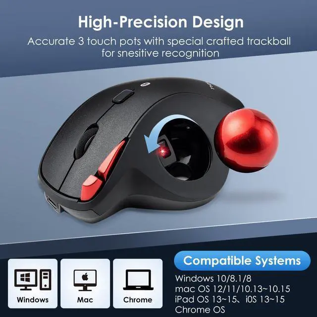 Alt view image 7 of 7 - 2 Device Bluetooth Trackball Mouse, Silent Click Ergonomic Roller Ball Mouse, Wireless Rechargeable Thumb Mice, Programmable Buttons, 600-1600 DPI, Compatible with PC, Mac, Laptop, Windows