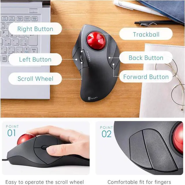 Alt view image 5 of 7 - Wired Ergonomic Trackball Mouse, Optical Rollerball Mice, Programmable Silent Buttons, 44mm Trackball, 600/800/1200/1600 Adjustable DPI, Compatible with MacBook, Laptop, Windows, macOS