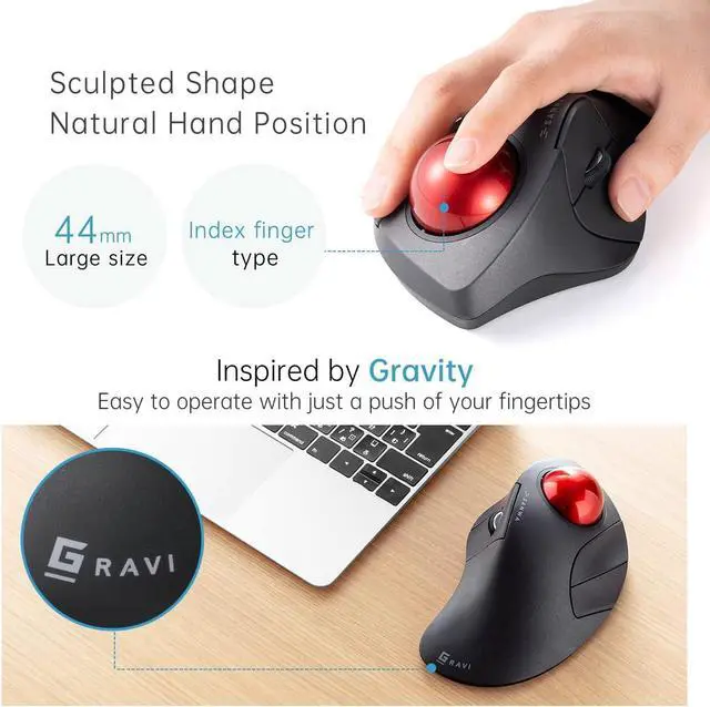Alt view image 3 of 7 - Wired Ergonomic Trackball Mouse, Optical Rollerball Mice, Programmable Silent Buttons, 44mm Trackball, 600/800/1200/1600 Adjustable DPI, Compatible with MacBook, Laptop, Windows, macOS