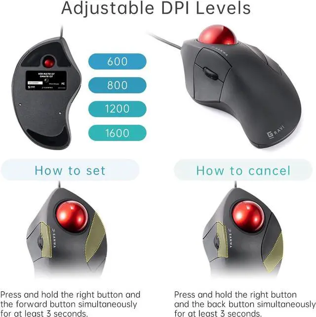 Alt view image 7 of 7 - Wired Ergonomic Trackball Mouse, Optical Rollerball Mice, Programmable Silent Buttons, 44mm Trackball, 600/800/1200/1600 Adjustable DPI, Compatible with MacBook, Laptop, Windows, macOS