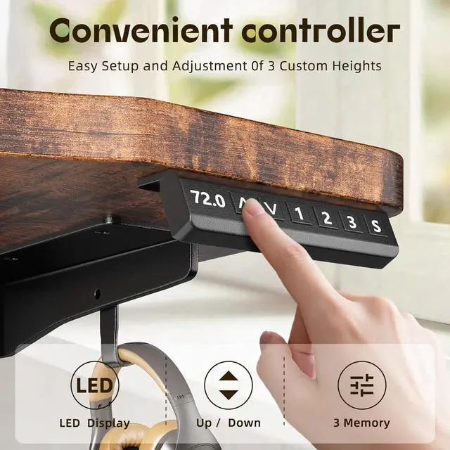 Alt view image 2 of 5 - Standing Desk, Inches Stand up Desk with Memory Preset, Adjustable Desks for Work Home Office, Electric Standing Desks, Detachable Side Mount Pocket, Light Strip - Rustic Brown