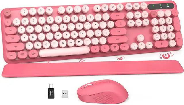 Main image of Wireless Keyboard and Mouse Combo - Round Keycaps, Full-Size Retro Typewriter Keyboard with Detachable Wrist Rest, Sleep Mode & Tilt Legs, 2.4GHz Cordless Connection for Mac/Windows/PC - Pink