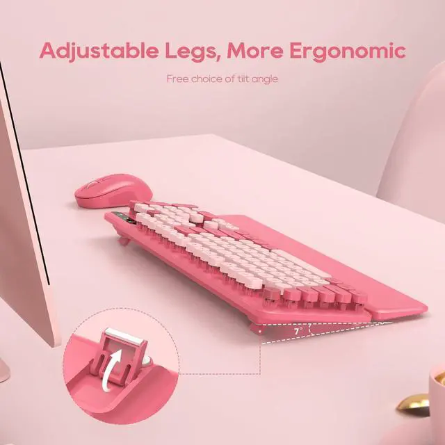 Alt view image 3 of 7 - Wireless Keyboard and Mouse Combo - Round Keycaps, Full-Size Retro Typewriter Keyboard with Detachable Wrist Rest, Sleep Mode & Tilt Legs, 2.4GHz Cordless Connection for Mac/Windows/PC - Pink