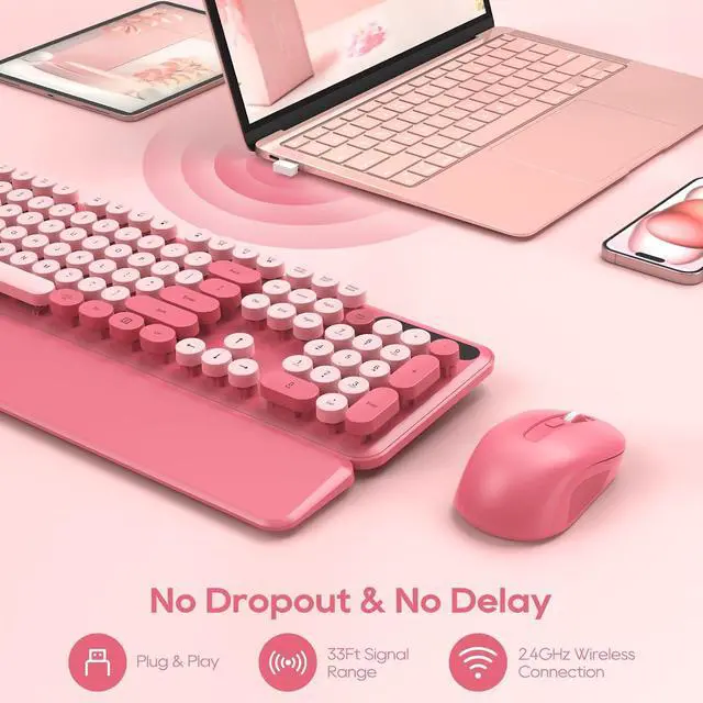 Alt view image 5 of 7 - Wireless Keyboard and Mouse Combo - Round Keycaps, Full-Size Retro Typewriter Keyboard with Detachable Wrist Rest, Sleep Mode & Tilt Legs, 2.4GHz Cordless Connection for Mac/Windows/PC - Pink