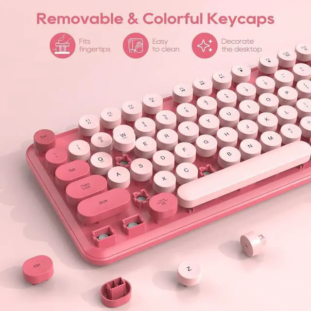 Alt view image 7 of 7 - Wireless Keyboard and Mouse Combo - Round Keycaps, Full-Size Retro Typewriter Keyboard with Detachable Wrist Rest, Sleep Mode & Tilt Legs, 2.4GHz Cordless Connection for Mac/Windows/PC - Pink