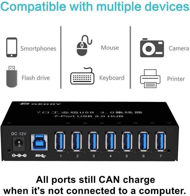 Alt view image 2 of 6 - USB 3.0 Hub, USB Data Hub, Metal Case Mountable 7-Port Powered USB Hub 3.0 with 36W AC Adapter-Type A