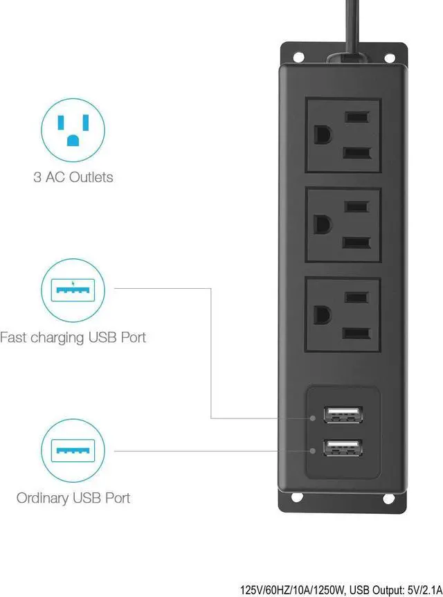 Alt view image 2 of 5 - 3 Outlets Wall Mount Power Outlet Strip with USB, Under Desk Power Strip Mountable Large Flat Plug, Desk Mount, 6FT Power Cord.