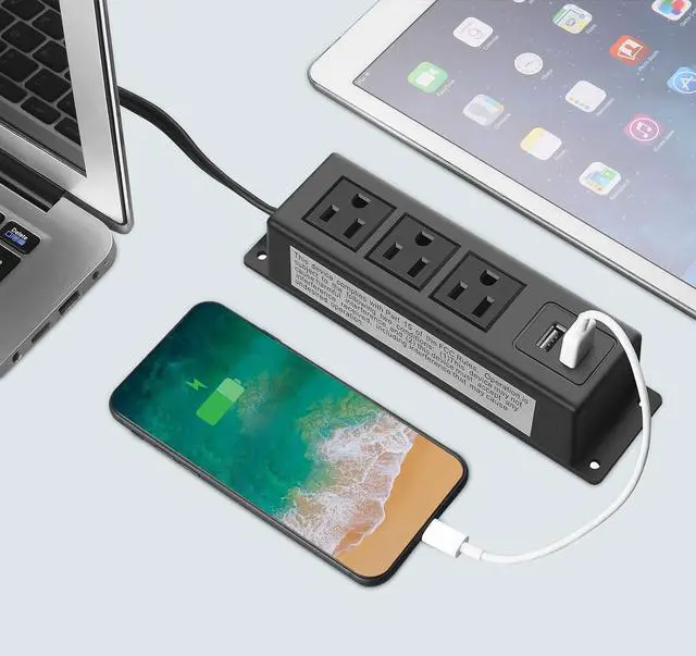 Alt view image 5 of 5 - 3 Outlets Wall Mount Power Outlet Strip with USB, Under Desk Power Strip Mountable Large Flat Plug, Desk Mount, 6FT Power Cord.