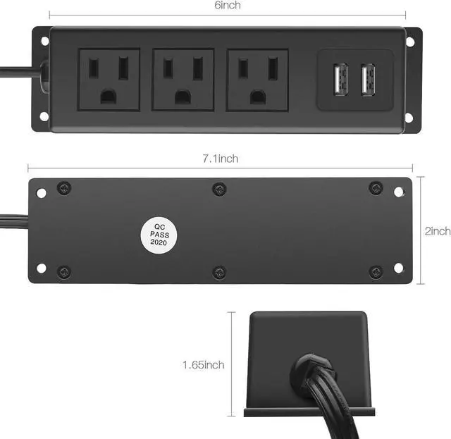 Alt view image 3 of 5 - 3 Outlets Wall Mount Power Outlet Strip with USB, Under Desk Power Strip Mountable Large Flat Plug, Desk Mount, 6FT Power Cord.