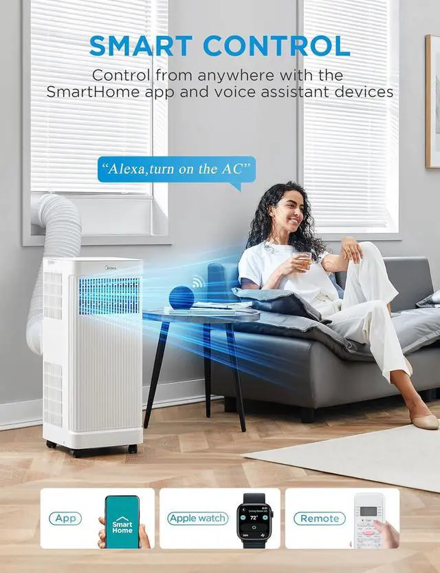 Alt view image 2 of 7 - Midea 8,500 BTU ASHRAE (5,000 BTU SACC) Portable Air Conditioner, Smart Control, Cools up to 150 Sq. Ft., with Dehumidifier & Fan mode, Easy- to-use Remote Control & Window Installation Kit Included