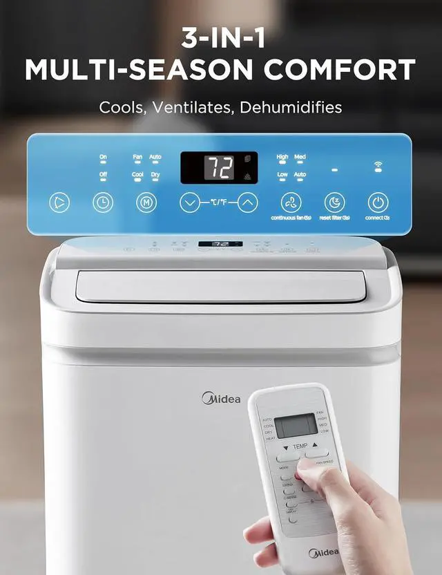 Alt view image 4 of 7 - Midea 14,000 BTU ASHRAE (10,000 BTU SACC) Portable Air Conditioner, Cools up to 450 Sq.Ft., with Dehumidifier&Fan mode&Heat, Control with Remote, Amazon Alexa&Google Assistant, Easy-to-use and Install