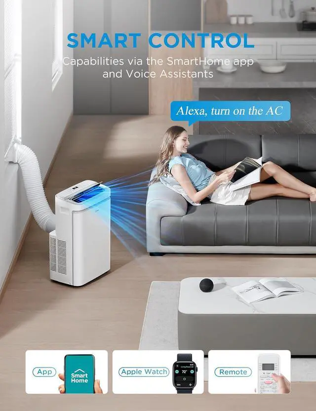 Alt view image 2 of 7 - Midea 14,000 BTU ASHRAE (10,000 BTU SACC) Portable Air Conditioner, Cools up to 450 Sq.Ft., with Dehumidifier&Fan mode&Heat, Control with Remote, Amazon Alexa&Google Assistant, Easy-to-use and Install