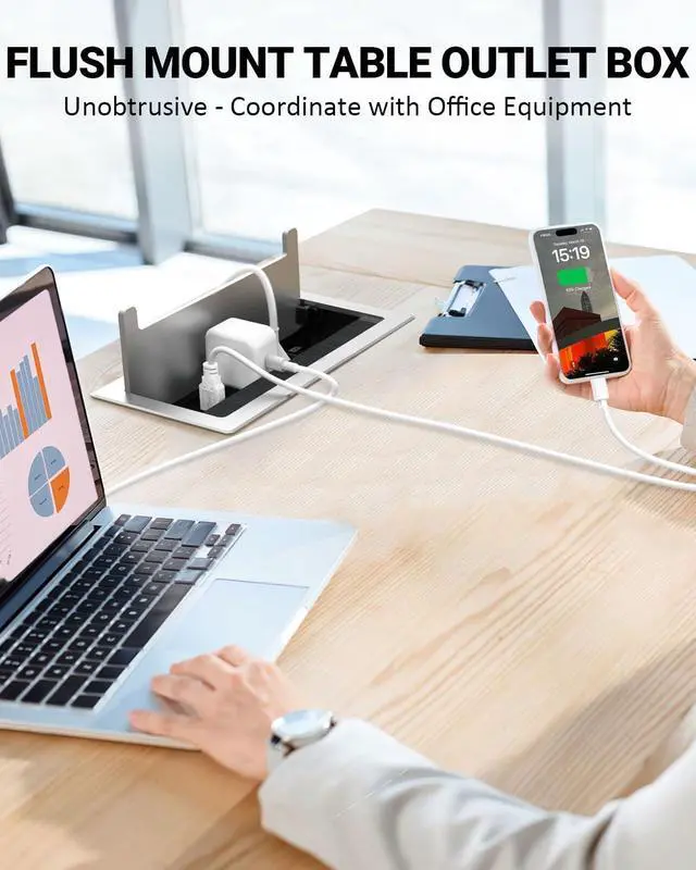Alt view image 5 of 7 - Conference Table Power Hub, Outlet Multimedia Connectivity Box with 1 HDMI + 1 RJ45 + 20W USB C + 2 USB A + 2 AC Outlets, Heavy Duty Metal Table Top Box for Countertop Office UL Listed