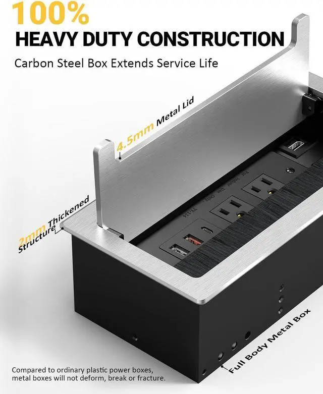 Alt view image 3 of 7 - Conference Table Power Hub, Outlet Multimedia Connectivity Box with 1 HDMI + 1 RJ45 + 20W USB C + 2 USB A + 2 AC Outlets, Heavy Duty Metal Table Top Box for Countertop Office UL Listed