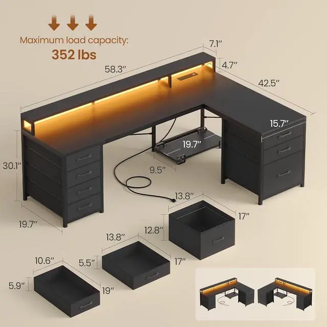 Alt view image 2 of 6 - L Shaped Gaming Desk, Reversible 58" Small Computer Desk with 7 Drawers and Power Outlet, Corner Gaming Desk with LED Lights for Small Space, Black
