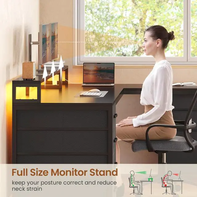 Alt view image 6 of 6 - L Shaped Gaming Desk, Reversible 58" Small Computer Desk with 7 Drawers and Power Outlet, Corner Gaming Desk with LED Lights for Small Space, Black