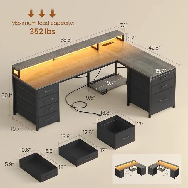 Alt view image 2 of 6 - L Shaped Gaming Desk, Reversible 58" Small Computer Desk with 7 Drawers and Power Outlet, Corner Gaming Desk with LED Lights for Small Space, Grey