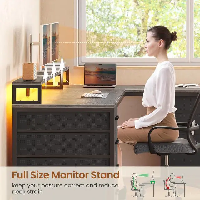 Alt view image 6 of 6 - L Shaped Gaming Desk, Reversible 58" Small Computer Desk with 7 Drawers and Power Outlet, Corner Gaming Desk with LED Lights for Small Space, Grey