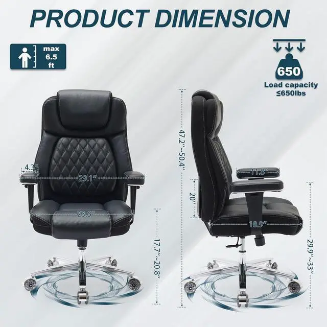 Alt view image 2 of 6 - Big and Tall Office Chair 650lbs,Heavy Duty Office Chairs with Dual Rubber Wheels,Extra Wide Desk Chair,Adjustable Ergonomic Lumbar Support,High Back Rocking Computer Chair for Heavy People