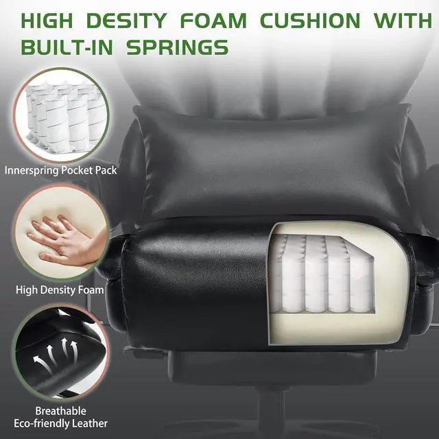 Alt view image 5 of 7 - 650LBS Big and Tall Office Chair with Footrest,Large Heavy Duty Executive Office Chair-Wide Seat,Adjustable Lumbar Support,Dual Rubber Wheels,Ergonomic High Back Computer Chairs for Heavy People,Black