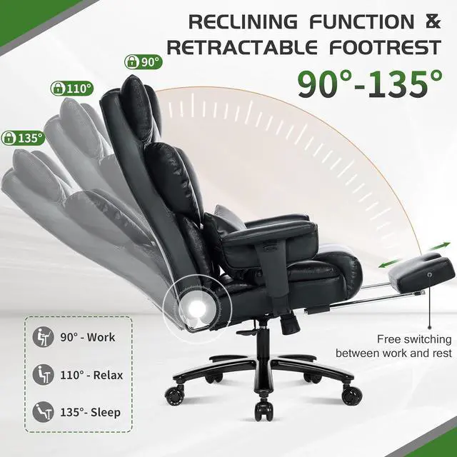 Alt view image 4 of 7 - 650LBS Big and Tall Office Chair with Footrest,Large Heavy Duty Executive Office Chair-Wide Seat,Adjustable Lumbar Support,Dual Rubber Wheels,Ergonomic High Back Computer Chairs for Heavy People,Black