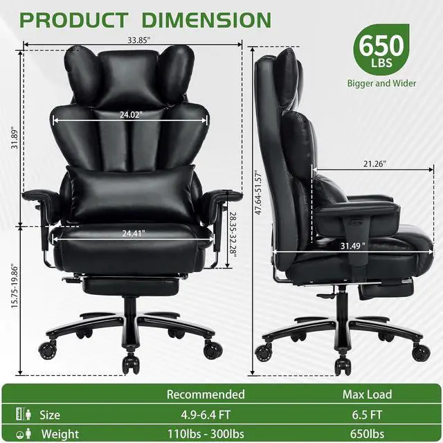 Alt view image 2 of 7 - 650LBS Big and Tall Office Chair with Footrest,Large Heavy Duty Executive Office Chair-Wide Seat,Adjustable Lumbar Support,Dual Rubber Wheels,Ergonomic High Back Computer Chairs for Heavy People,Black