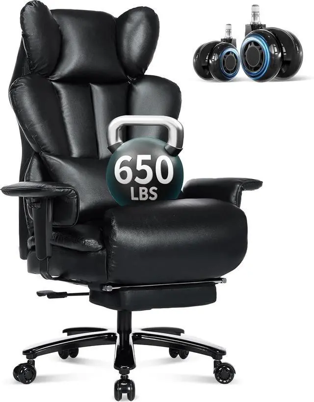Main image of 650LBS Big and Tall Office Chair with Footrest,Large Heavy Duty Executive Office Chair-Wide Seat,Adjustable Lumbar Support,Dual Rubber Wheels,Ergonomic High Back Computer Chairs for Heavy People,Black