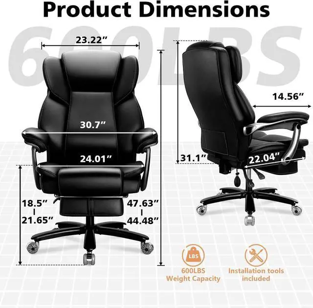Alt view image 2 of 7 - 600lbs Big and Tall Office Chair for Heavy People,Heavy Duty Comfy Executive Office Desk Chair with Foot Rest&Adjustable Lumbar Support,High Back PU Leather Computer Chair,Metal Base,Rubber Wheel