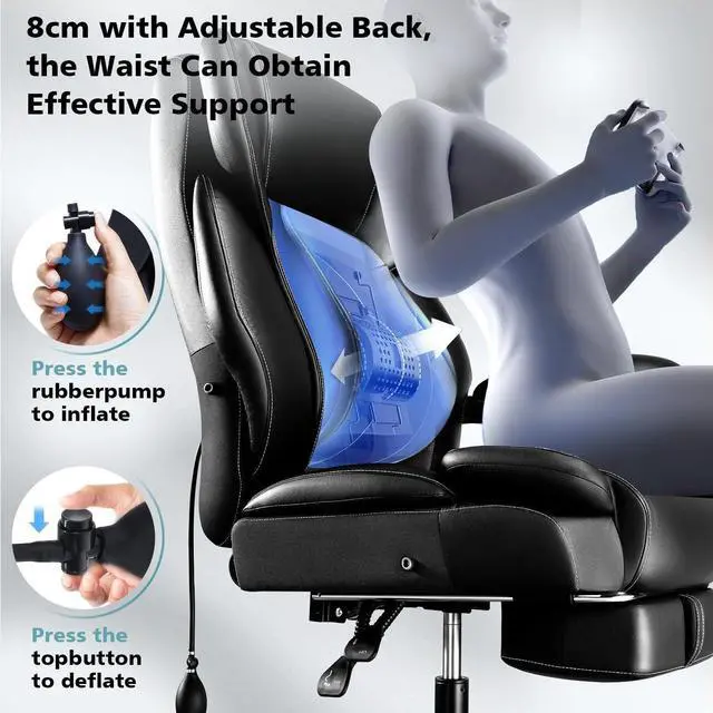 Alt view image 4 of 7 - 600lbs Big and Tall Office Chair for Heavy People,Heavy Duty Comfy Executive Office Desk Chair with Foot Rest&Adjustable Lumbar Support,High Back PU Leather Computer Chair,Metal Base,Rubber Wheel