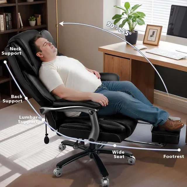 Alt view image 5 of 7 - 600lbs Big and Tall Office Chair for Heavy People,Heavy Duty Comfy Executive Office Desk Chair with Foot Rest&Adjustable Lumbar Support,High Back PU Leather Computer Chair,Metal Base,Rubber Wheel