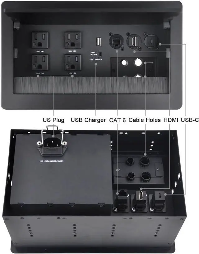 Alt view image 3 of 7 - Conference Table Power hub Conference Table connectivity Box recessed Outlet Desk Outlet recessed Power Strip USB-c 65W Outlet Plug with USB Ports countertop Outlet Socket (Black)