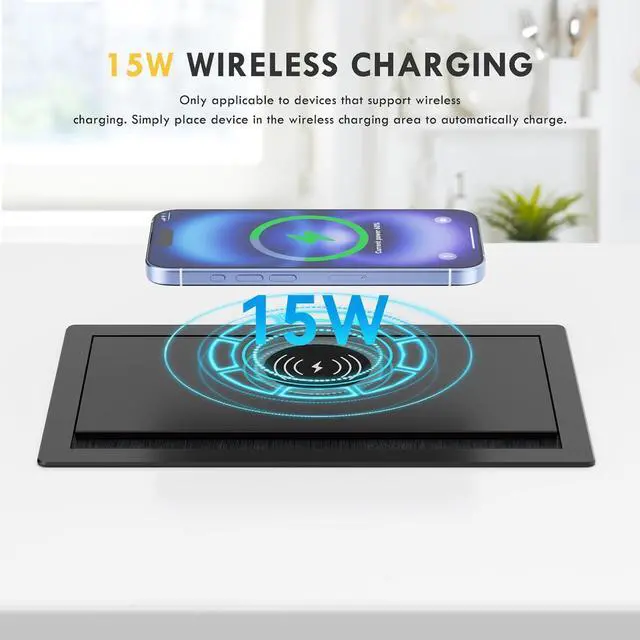 Alt view image 3 of 7 - 15W Wireless Conference Table Power Hub Outlet, Connectivity Box Rotatable with 20W USB C, Dual 18W USB A, 4 AC Outlets, Heavy Duty Metal Table Top Box for Countertop Office, 6 FT Cord