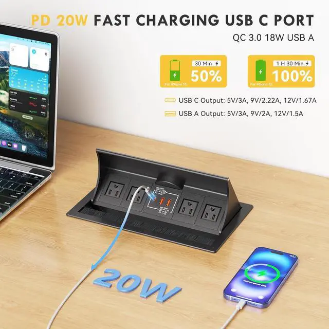 Alt view image 2 of 7 - 15W Wireless Conference Table Power Hub Outlet, Connectivity Box Rotatable with 20W USB C, Dual 18W USB A, 4 AC Outlets, Heavy Duty Metal Table Top Box for Countertop Office, 6 FT Cord