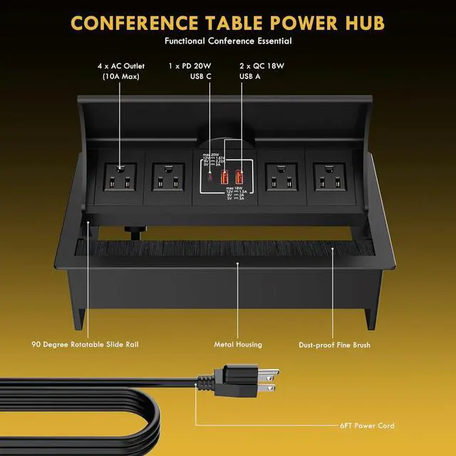 Alt view image 4 of 7 - 15W Wireless Conference Table Power Hub Outlet, Connectivity Box Rotatable with 20W USB C, Dual 18W USB A, 4 AC Outlets, Heavy Duty Metal Table Top Box for Countertop Office, 6 FT Cord