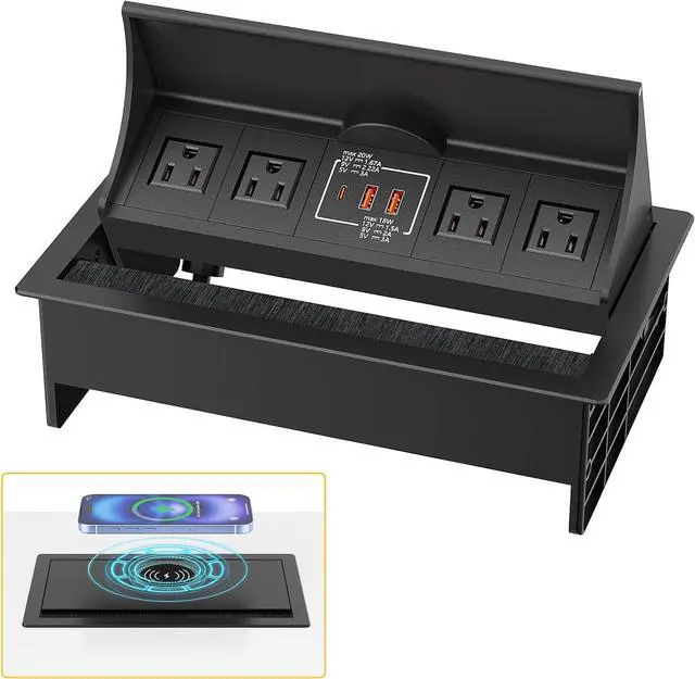 Main image of 15W Wireless Conference Table Power Hub Outlet, Connectivity Box Rotatable with 20W USB C, Dual 18W USB A, 4 AC Outlets, Heavy Duty Metal Table Top Box for Countertop Office, 6 FT Cord