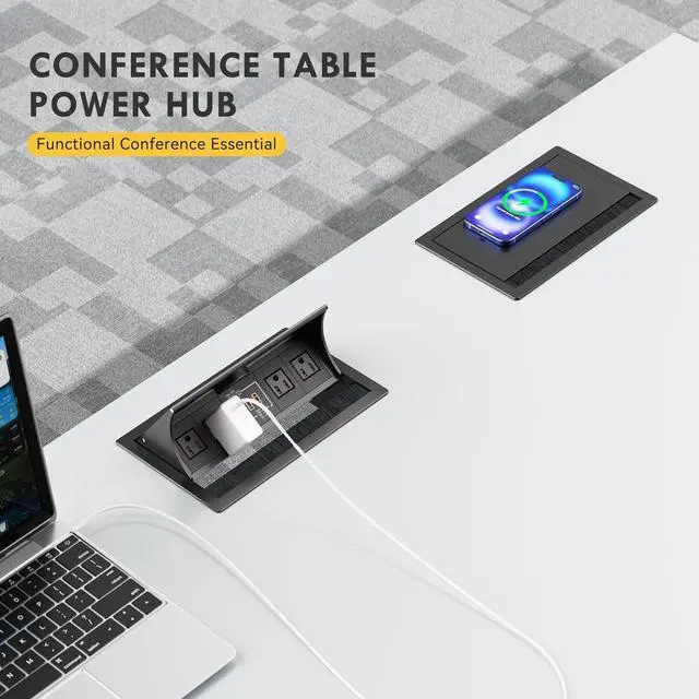 Alt view image 6 of 7 - 15W Wireless Conference Table Power Hub Outlet, Connectivity Box Rotatable with 20W USB C, Dual 18W USB A, 4 AC Outlets, Heavy Duty Metal Table Top Box for Countertop Office, 6 FT Cord