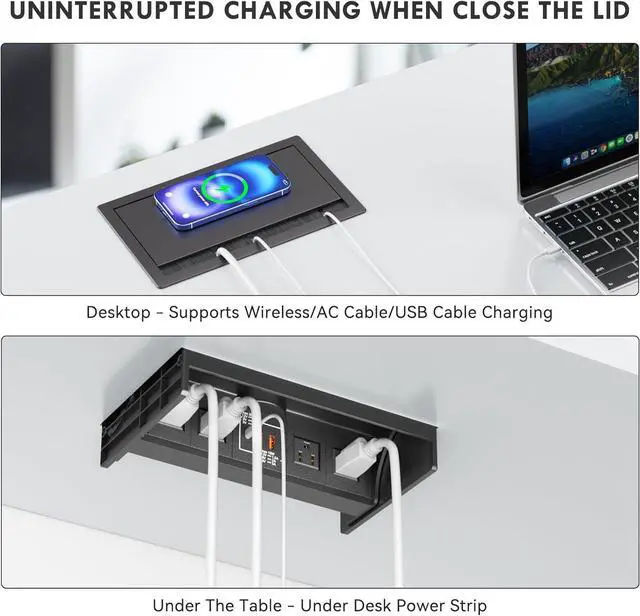 Alt view image 5 of 7 - 15W Wireless Conference Table Power Hub Outlet, Connectivity Box Rotatable with 20W USB C, Dual 18W USB A, 4 AC Outlets, Heavy Duty Metal Table Top Box for Countertop Office, 6 FT Cord