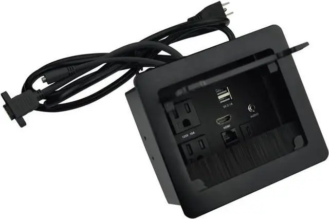 Alt view image 5 of 6 - Tabletop Brush Flip Connectivity Box with 2 AC Power + 2 USB Charger + HDMI + 1 3.5mm Audio + USB-C Data + RJ45(cat6) for Conference Room (Black)