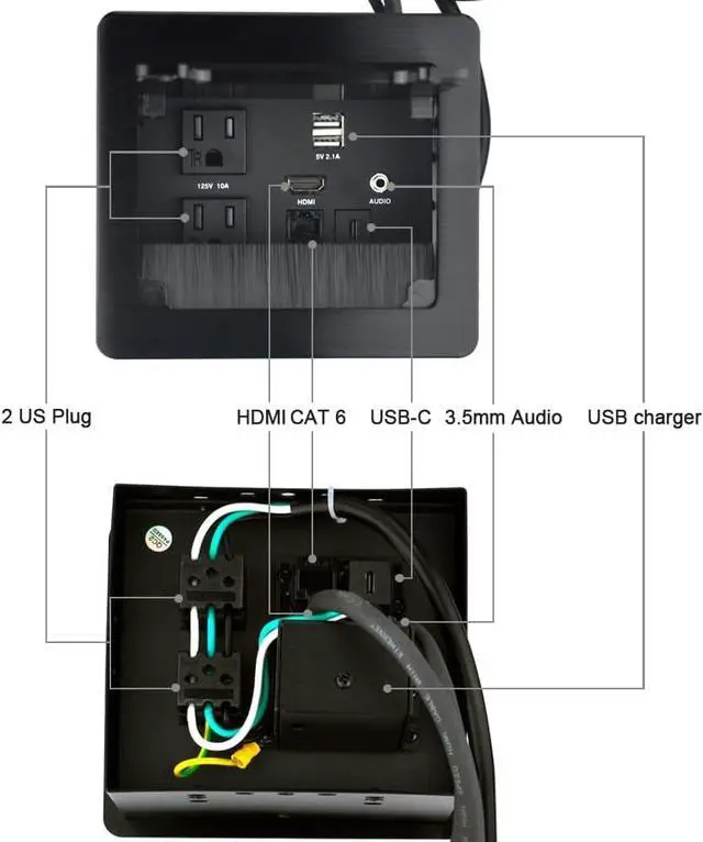Alt view image 2 of 6 - Tabletop Brush Flip Connectivity Box with 2 AC Power + 2 USB Charger + HDMI + 1 3.5mm Audio + USB-C Data + RJ45(cat6) for Conference Room (Black)