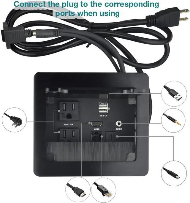 Alt view image 3 of 6 - Tabletop Brush Flip Connectivity Box with 2 AC Power + 2 USB Charger + HDMI + 1 3.5mm Audio + USB-C Data + RJ45(cat6) for Conference Room (Black)