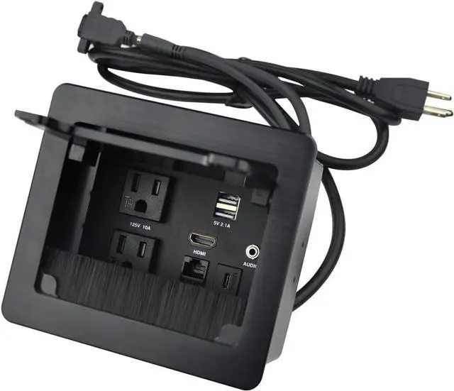 Main image of Tabletop Brush Flip Connectivity Box with 2 AC Power + 2 USB Charger + HDMI + 1 3.5mm Audio + USB-C Data + RJ45(cat6) for Conference Room (Black)