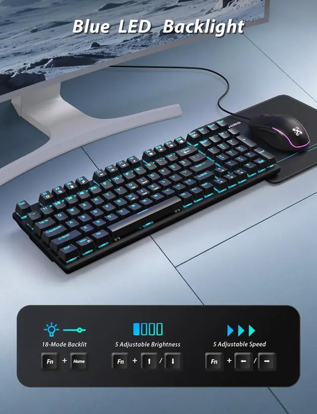 Alt view image 3 of 6 - Mechanical Gaming Keyboard and Mouse, LED Backlit 98-Key Floating Keycap & 4 DPI RGB Gaming Mouse with Mouse Pad, Full Anti-Ghost Light Up Wired Computer Keyboards for MAC PC Gamer Accessories, Black