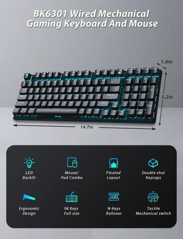 Alt view image 2 of 6 - Mechanical Gaming Keyboard and Mouse, LED Backlit 98-Key Floating Keycap & 4 DPI RGB Gaming Mouse with Mouse Pad, Full Anti-Ghost Light Up Wired Computer Keyboards for MAC PC Gamer Accessories, Black