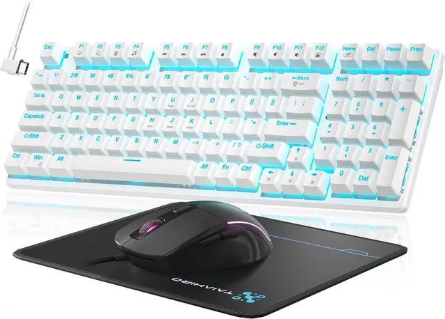 Main image of Mechanical Gaming Keyboard and Mouse, LED Backlit 98-Key Floating Keycap & 4 DPI RGB Gaming Mouse with Mouse Pad, Full Anti-Ghost Light Up Wired Computer Keyboards for MAC PC Gamer Accessories, White